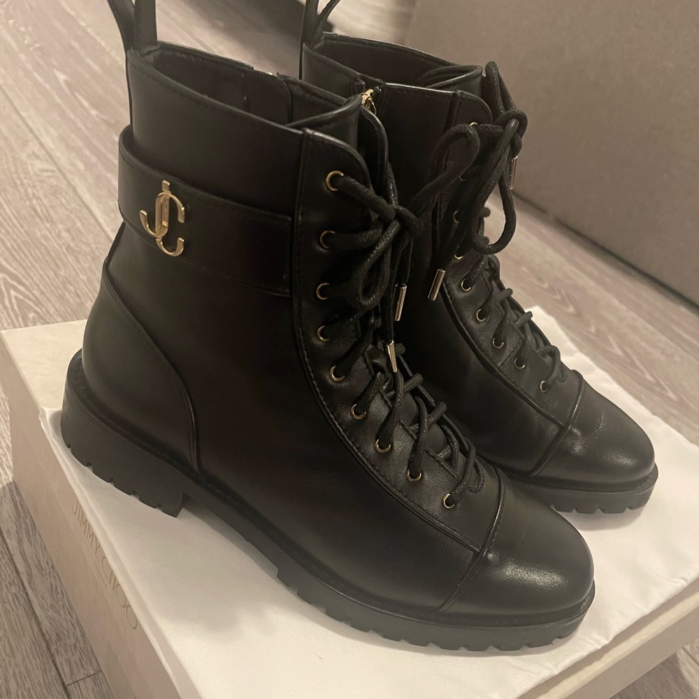 Jimmy choo black leather boots combat style